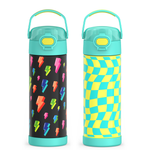 16oz FUNtainer? Water Bottles with Locking Lids Lightning Bolt & Wavy Checkers Teal Bundle