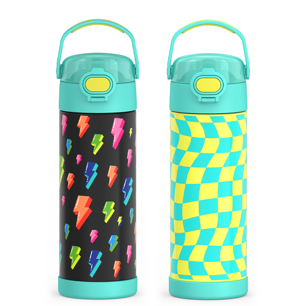 16oz FUNtainer? Water Bottles with Locking Lids Lightning Bolt & Wavy Checkers Teal Bundle